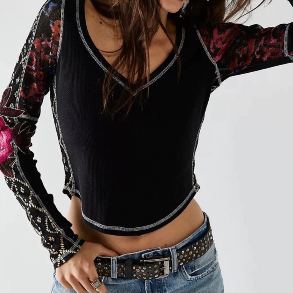 NWT Free people Amara top. Black and gold with pink flowers . Size S